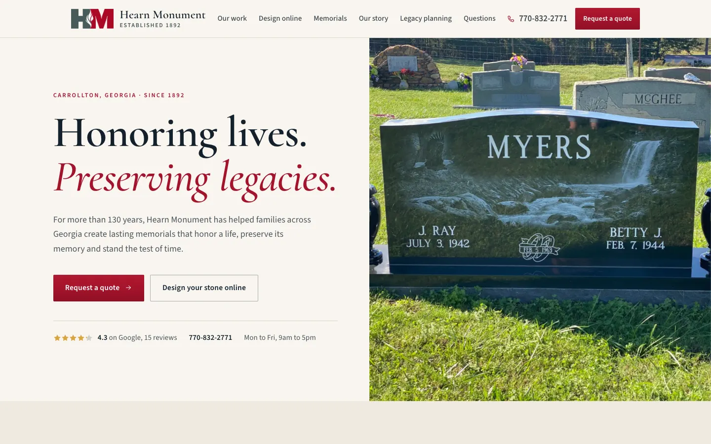 Hearn Monument website draft: 'Honoring lives. Preserving legacies.' next to a photo of a black granite Myers headstone.