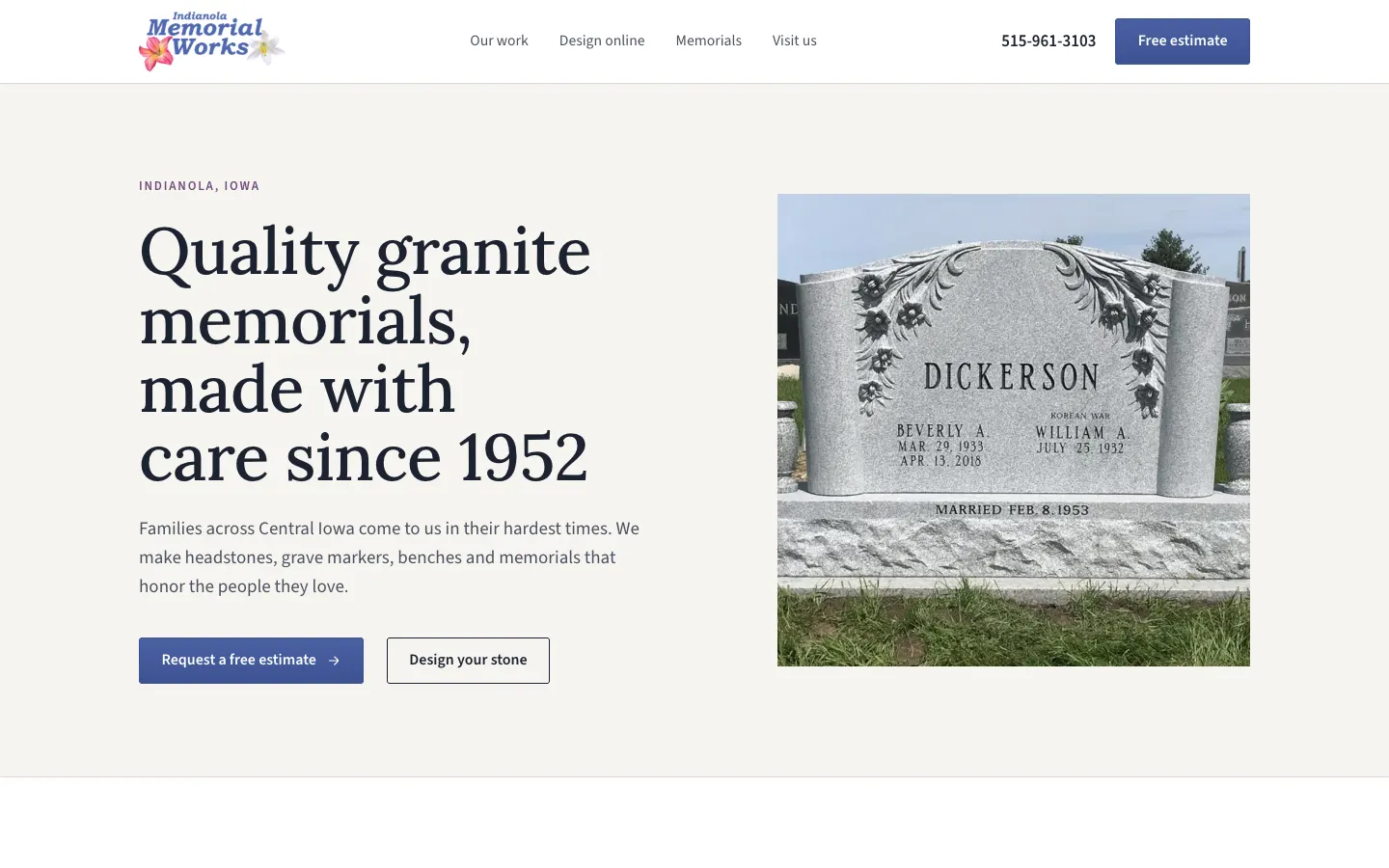 Indianola Memorial Works website draft: 'Quality granite memorials, made with care since 1952' with their lily logo.