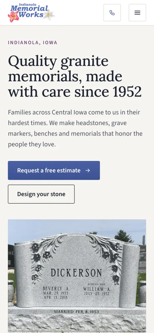 The same Indianola Memorial Works draft on a phone, showing a carved granite Dickerson headstone.