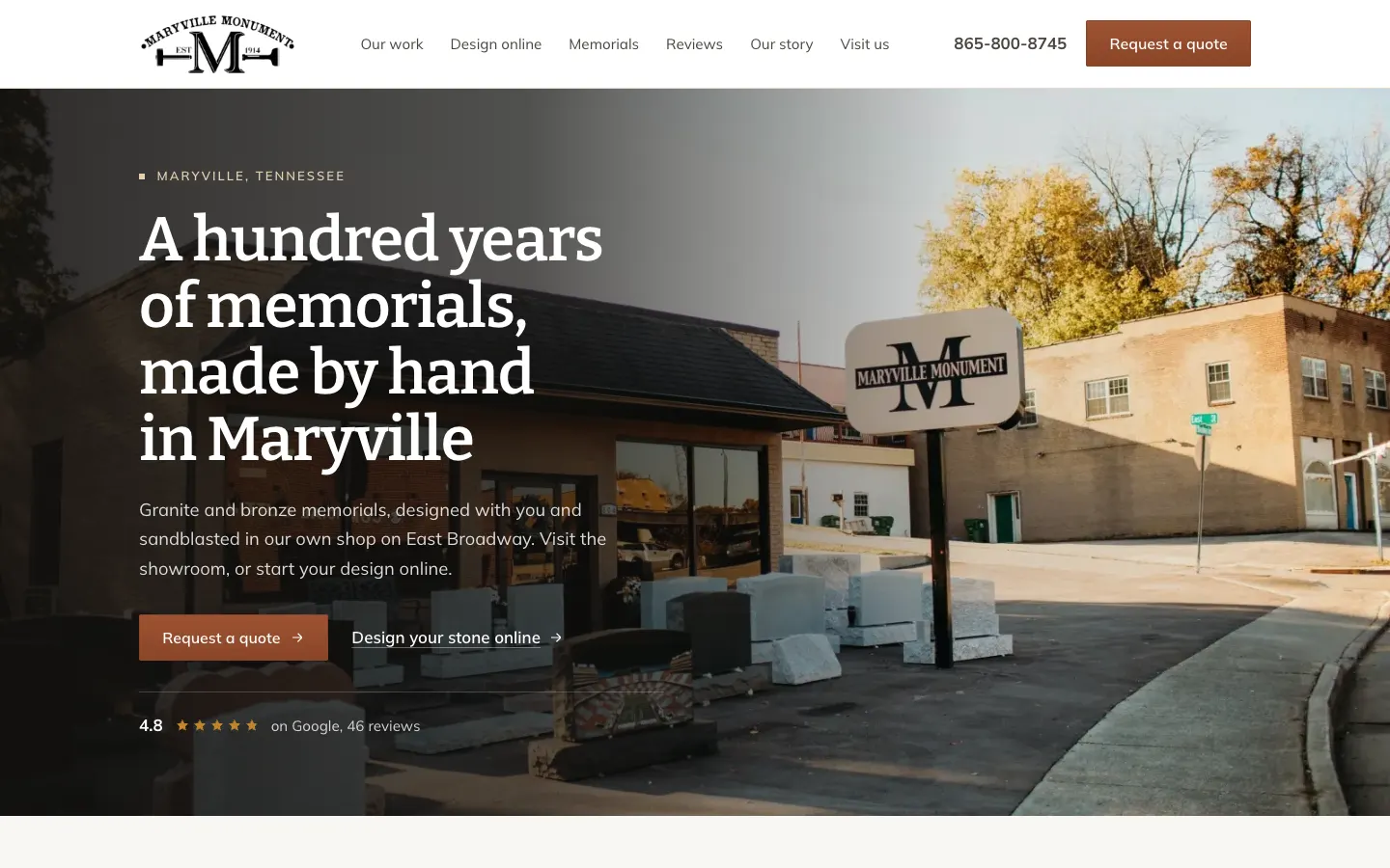 Maryville Monument website draft: 'A hundred years of memorials, made by hand in Maryville' over a photo of their showroom on East Broadway.