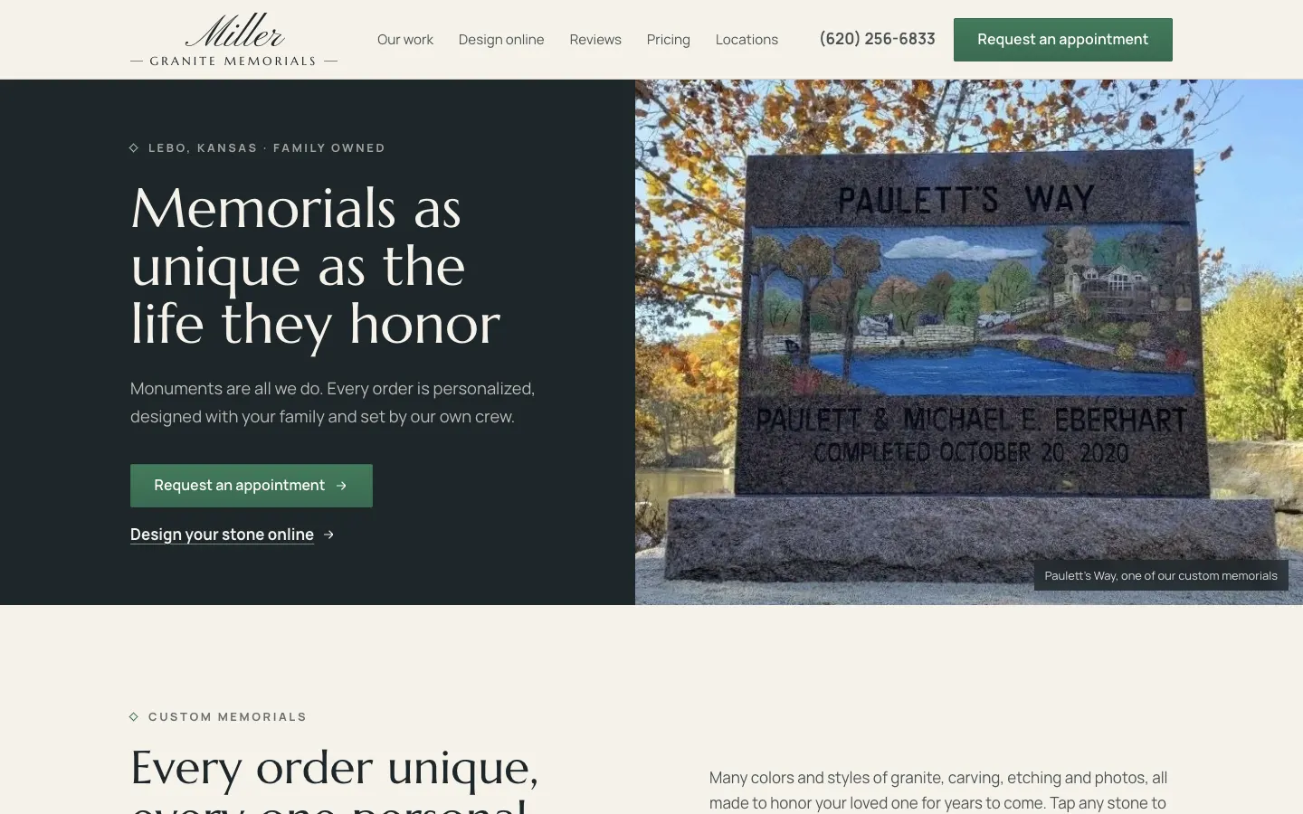 Miller Granite Memorials website draft in slate and green: 'Memorials as unique as the life they honor' next to a carved custom memorial called Paulett's Way.