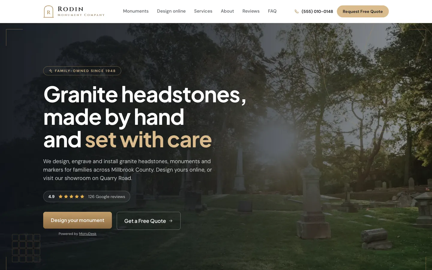 Rodin Monument Company demo website: 'Granite headstones, made by hand and set with care' with a Design your monument button.