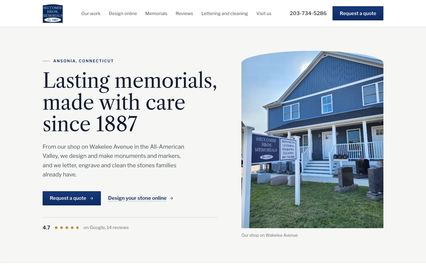 Seccombe Bros Memorials website draft: 'Lasting memorials, made with care since 1887' next to a photo of their shop and sign on Wakelee Avenue.